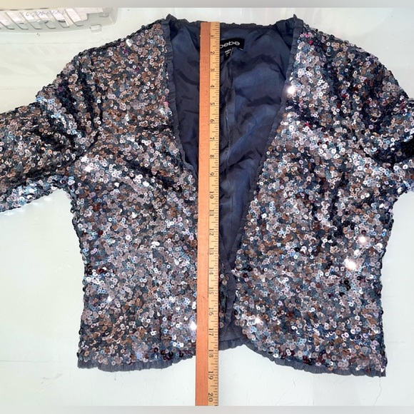 BEBE SEQUIN BLUE LINED CROPPED CARDIGAN/SHAWL SZ 4 TRIM DETAIL OPEN FRONT SILK - Picture 12 of 14